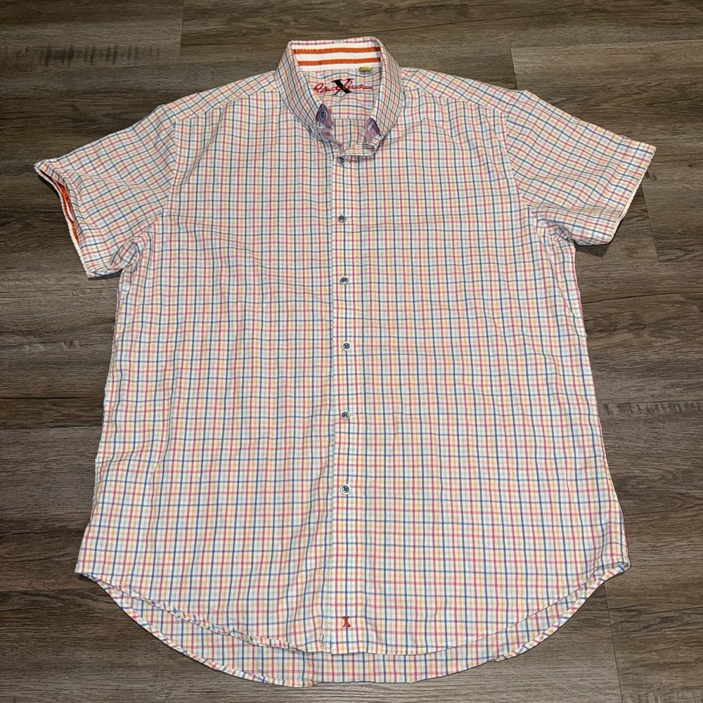 Robert Graham Shirt Mens XL Tailored Fit Pink Plaid Check Sport Short Sleeve